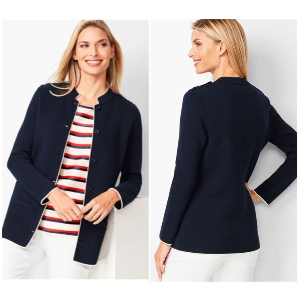NWT Talbots Military Inspired Sweater Jacket Cardigan Small Knit Navy White - Picture 1 of 10